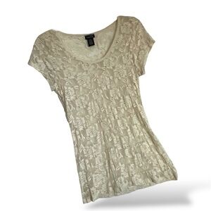 Feminine Cream Floral Lace Cap-Sleeve Sheer Layering Indie Fairy Tunic Perfect